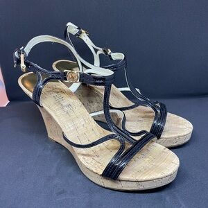 Michael Kors Black Patent Cork Wedge Sandals with Gold Accents